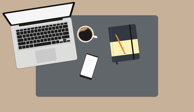 top down view of office desk with laptop, notebook with pencil, smartphone and cup of coffee, vector illustration
