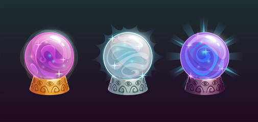 Vector cartoon magic balls. Fairy crystals set.