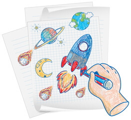 Sticker - Coloured hand drawn spaceship collection