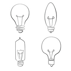 Wall Mural - Set of light bulbs one line drawing on white isolated background