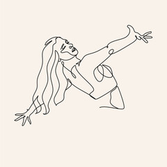 Continuous drawing in one line. Happy woman stretching. Vector illustration. Dancer dancing contemporary dance. Minimalist Wellness Feminine Illustration Elegant Logo