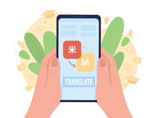 Poster - Using translation app 2D vector isolated illustration. Flat first view hand on cartoon background. Colourful scene for mobile, website, presentation. Patrick Hand, Bebas Neue, KozGoPr6N fonts used