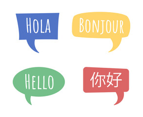 Poster - Saying hello in different languages semi flat color vector speech bubble set. Simple cartoon style illustration collection for web graphic design and animation. Amatic SC, KozGoPr6N fonts used