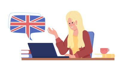 Poster - Girl participating in video class of British English semi flat color vector character. Sitting figure. Half body person on white. Simple cartoon style illustration for web graphic design and animation