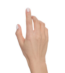 Wall Mural - woman pointing at something against white background, closeup on hand