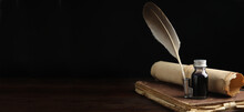 Quill, Bottle Of Ink, Old Book And Parchment Scroll On Wooden Table, Space For Text. Banner Design