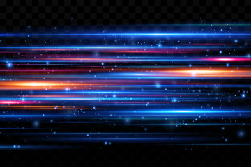 Motion light effect for banners. Blue lines. The effect of speed on a blue background. Red lines of light, speed and movement. Vector lens flare.