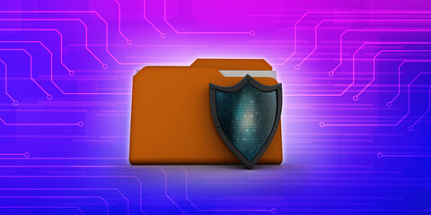 Poster - laptop folder with shield. Isolated 3d rendering image