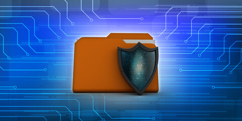 Poster - laptop folder with shield. Isolated 3d rendering image