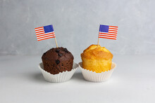 Patriotic Black And White Cupcake With American Flags, The 4th Of July Celebration.