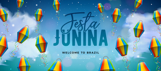 Festa Junina Illustration with Paper Lantern and Typography Lettering on Blue Cloudy Sky Background. Vector Brazil June Sao Joao Festival Design for Banner, Greeting Card, Invitation or Holiday Poster