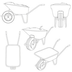 Fototapete - Set with contours of a wheelbarrow on two wheels for manual transportation of goods from different types. Isometric view, side, front, back, bottom. Vector illustration.