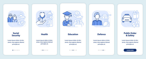 Budget expenditures light blue onboarding mobile app screen. Walkthrough 5 steps graphic instructions pages with linear concepts. UI, UX, GUI template. Myriad Pro-Bold, Regular fonts used