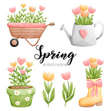 Watercolor Spring, Happy Spring Vector Illustration