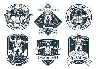 Wall Mural - retro space badges set with flying astronaut. spaceman vintage emblem pack. vector illustartion.