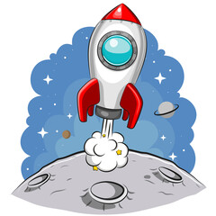Wall Mural - cartoon rocket takes off from the planet