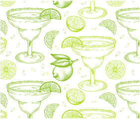 Sketch hand drawn pattern of Margarita cocktail in glass with a slice of green lime isolated on white background. Drawing alcohol drink wallpaper. Summer bar menu, lemon beverage. Vector illustration.