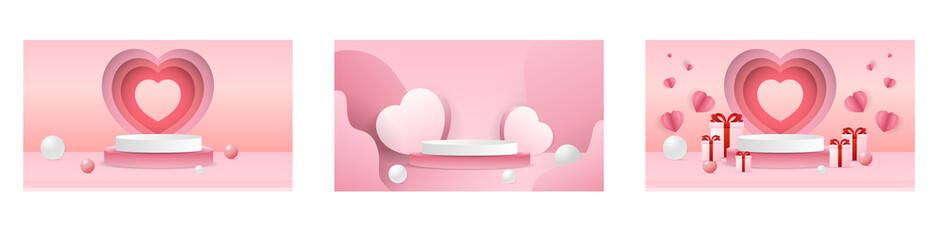 Wall Mural - Set heart and cloud with podium in Valentine's Day for content online , with copy space on pink background , Flat Modern design , illustration Vector EPS 10