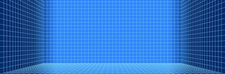 Wall Mural - 3d digital one point perspective grid room. white mesh on blue background. empty indoor studio frame