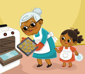 Wall Mural - Vector illustration of grandmother and granddaughter baking cookies in the kitchen.