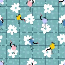 Seamless Pattern With Cranes On Grid Background With Flowers And Drops. Hippie Aesthetic Print For Fabric, Paper, T-shirt. Groovy Vector Illustration For Decor And Design.