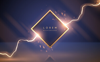 Wall Mural - golden frame with lightning effect on blue background