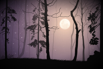 Sticker - Forest on moonlight night. Bare tree silhouettes. Full moon and stars