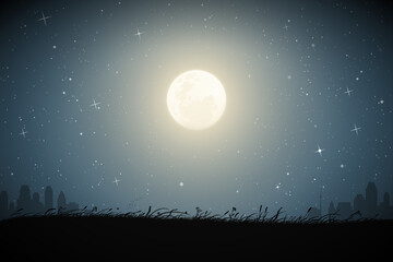 Sticker - Landscape with tall grass on starry night. City buildings under moon