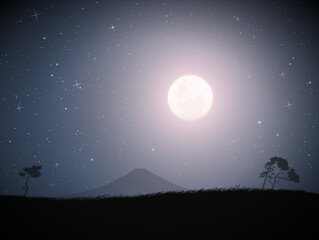 Sticker - Landscape with savannah trees and mountain. Full moon in starry sky