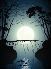 Sticker - Fallen tree in night forest. Landscape with narrow river under moon