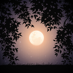 Sticker - Moon framed by branches. Landscape with tall grass on starry night