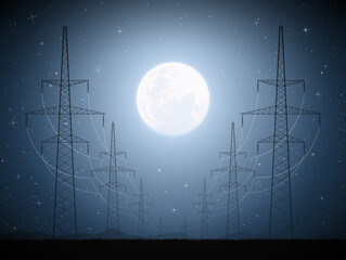 Sticker - Transmission towers. Industrial landscape. Blue moonlight starry night