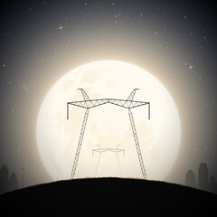Sticker - Transmission towers and big full moon. Night industrial landscape