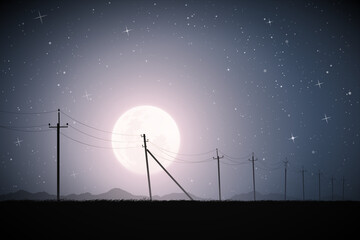 Sticker - Power lines on plain. Industrial landscape on moonlight starry night