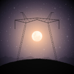 Sticker - Transmission tower on hill. Big full moon. Night industrial landscape