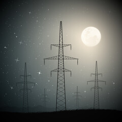 Sticker - Transmission towers on moonlight starry night. Industrial landscape
