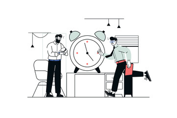 Deadline concept in flat line design. Boss points to ticking clock, employee is in hurry to complete work task. Work stress and time management. Vector illustration with outline people scene for web