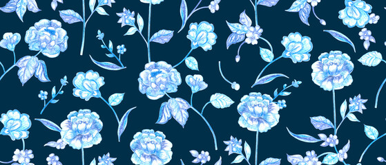 Aufkleber - fashion seamless texture with decorative blue flowering twigs. watercolor painting