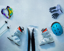 Group Of Objects Ski Boots, Helmets, Masks In The Snow