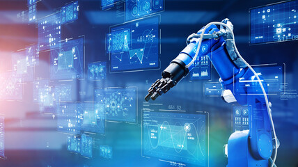 Poster - Robot arm and technology concept. Factory automation. Electronics.