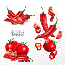 Ripe Tomatoes And Chili Peppers Set, Natural Fresh Vegetables, Falling Pieces And Slices, 3d Realistic Vector Illustration