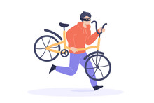 Thief stealing bicycle flat vector illustration. Criminal or burglar in black mask running with stolen bike, breaking law. Theft, robbery, vehicle, transport, outlaw concept
