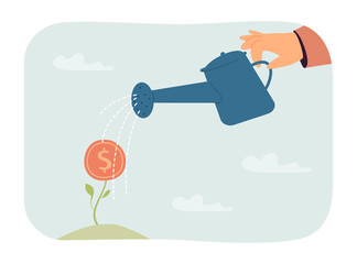 Poster - Person watering money plant flat vector illustration. Wealth, finance, growth, investment, profit, success concept for banner, website design or landing web page