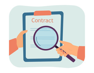 Poster - Person looking at contract through magnifier. Clipboard with sheets of paper flat vector illustration. Information, agreement, business, document concept for banner, website design or landing web page