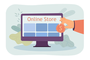 Poster - Person shopping online flat vector illustration. Hand holding gold coin in background of huge computer screen with online store. Internet, retail concept for banner, website design or landing web page