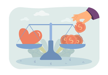 Poster - Hearts and gold coins on scale flat vector illustration. Balance between love or romance and money. Comparison, measurement concept for banner, website design or landing web page