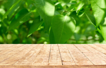 Wall Mural - Mockup. Empty wooden deck table with foliage bokeh background.