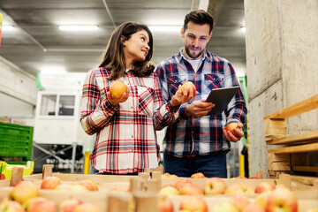 Wall Mural - Two supervisors looking at the apples in food factory and assessing quality on tablet.