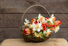 Bouquet Of Spring Flowers In A Basket