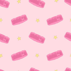 Pink vintage keyboard for girls vector seamless pattern. Cute pink gaming keyboard with cat paw and hearts.